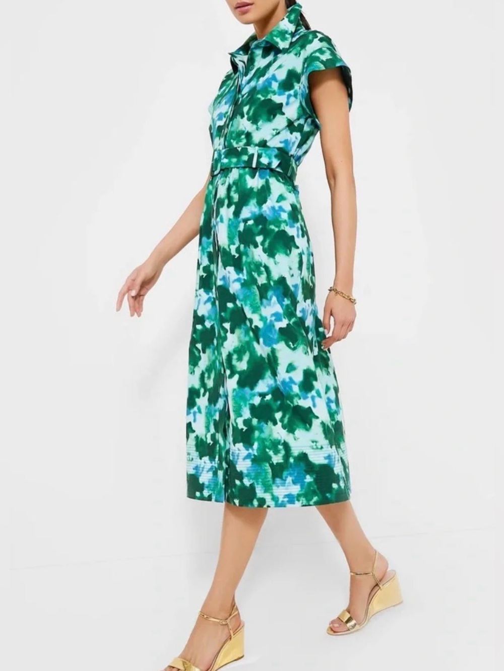 Tuckernuck Chloe Dress Deep Lagoon‎ Belted Midi Short Sleeve Blue Green Preppy L - Picture 4 of 13